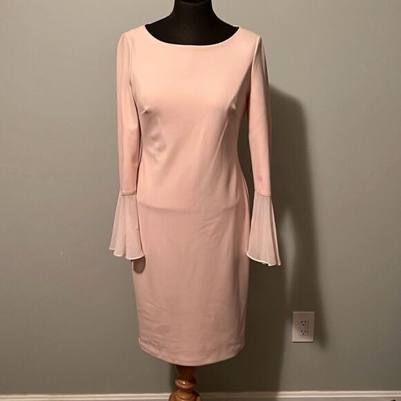 Calvin Klein Women's Pink Lined Bell Sleeve Chiffon Sheath Dress Size 4 NWOT - Picture 1 of 11